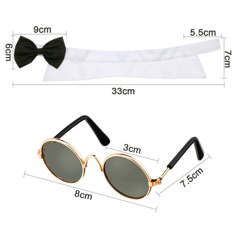 Syhood 2 Pieces Pets Dog Cat Bowtie Tie Sunglasses Pets Costume Adjustable Formal Necktie Collar for Cats Small Dogs Puppy Round Metal Classic Retro Sunglasses Grooming Accessories Cosplay Party(Black White) - Image 2